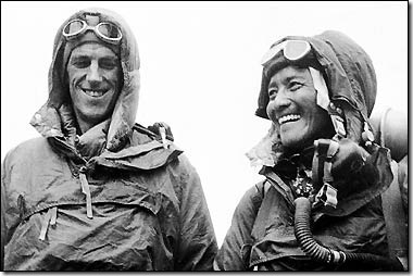 Sir Edmund Hillary with Tenzing Norgay after they summited Mt.</p><br><p>Everest in 1953